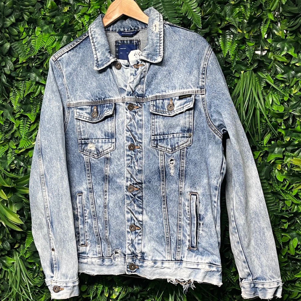 Zara Man Trucker Jacket Denim Large Light Acid Wash Distressed Jeans 3757